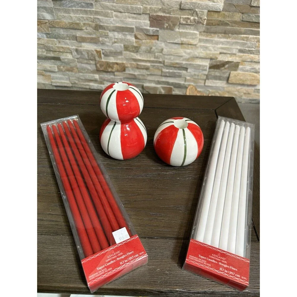 Ashland Ceramic Striped Christmas Taper Candle Holders Red White Green Bundle